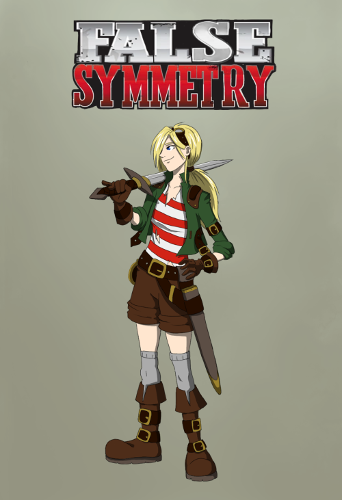 A drawing of Minecraft youtuber FalseSymmetry in the style of Fullmetal Alchemist. She is standing with her hand on her hip and a sword resting on her shoulder and smiling at someone off screen. Above her is her name in a chunky, metallic-looking font. 'False' is written in silver and 'Symmetry' is below it, written in red.