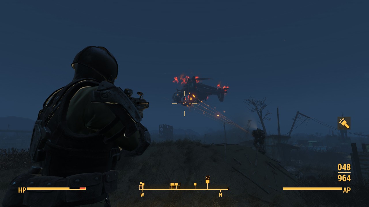 sturmtruppen:  For some reason Danse opened up on a vertibird in the middle of a
