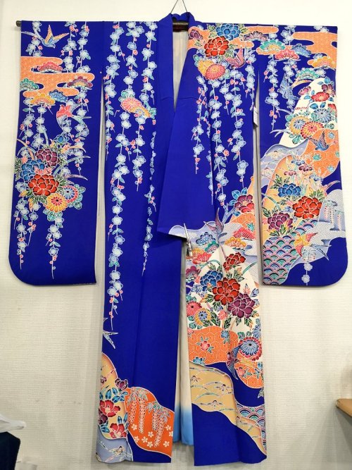 Impressive royal blue bingata furisode, with all seasons flowers and auspiscous pattern (kikko, asan
