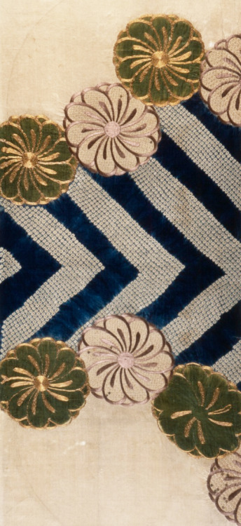 Fragment of a Kimono (Kosode) with Design of Chrysanthemums and Chevron Pattern Japan, Edo period, l