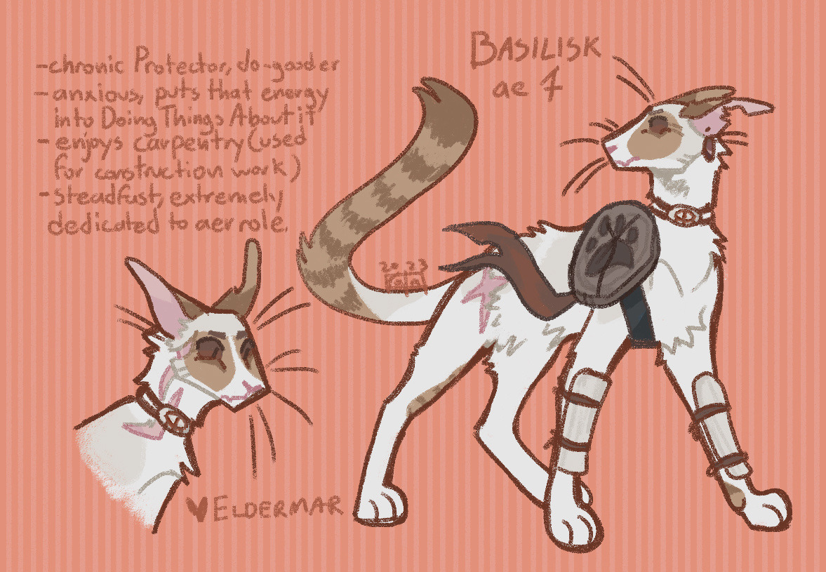 Digital artwork of a buff (light brown) lynxpoint cat with a high amount of white spotting. Ae has very long and lanky proportions, with tall skinny legs, long ears, and a long and smooth muzzle. Aer fur is short, with a few spiky details. Ae wears a shield and braces made of wood, and a few pieces of jewelry made from similar materials. Aer shield features a paw print design, and aer necklace is decorated with a simplified eye. Ae has a couple of visible large scars. Aer eyes are clay brown. Ae stands with a serious and alert expression.