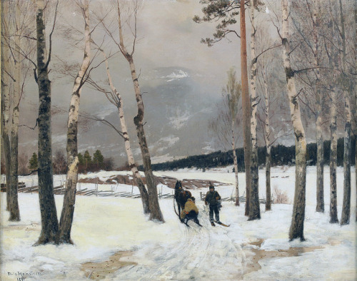 Sledding , Winter Landscape   -   Nils Severin Lynge Hansteen, c.1890Norwegian 1855-1912Oil on canva