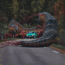 huffpostarts:Sci-Fi Painter Simon Stålenhag Turns The Everyday Into Dystopia Authors of dystopian fiction will tell you they aren’t imagining the future, but using otherworldly scenarios to throw harsh realities of the present into relief. Margaret