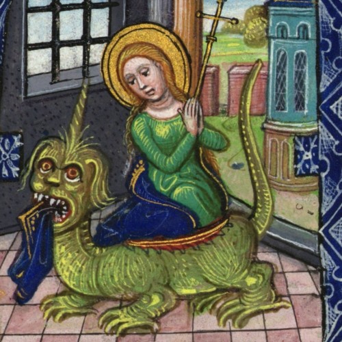 St Margaret of Antioch, bursting from the belly of a dragon.