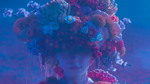  a face obscured slightly by blue mist that appears to be wearing a hat or some sort of large hair ornament made of many many vibrant and colorful floral elements. A screencap from the teaser for the upcoming konami game currently known only by the code name Silent Hill F