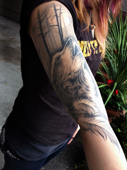 fuckyeahtattoos:  Wolf half sleeve done by Elvia Guadian@Adrenaline Vancity Vancouver,