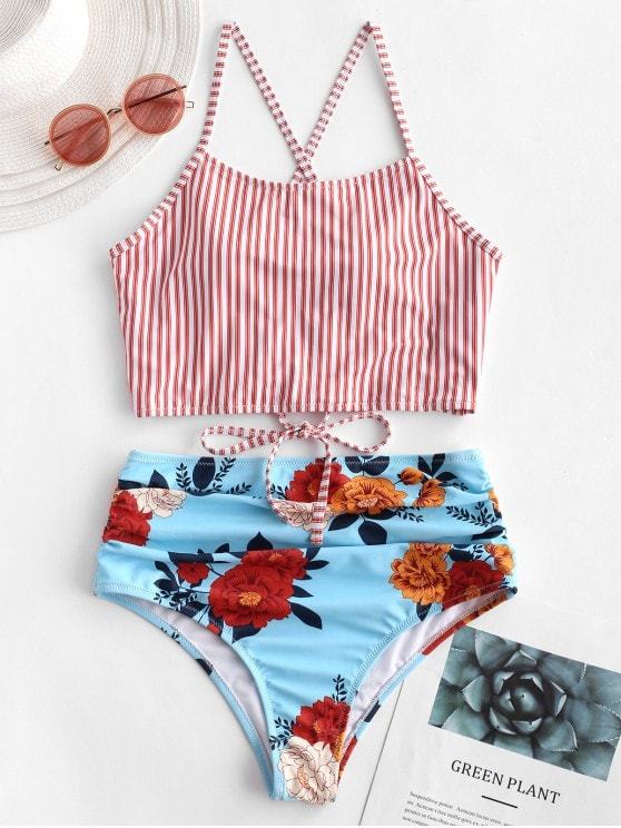 BetterAmazon — Lace-up Ruched Striped Floral Tankini Swimsuit ...