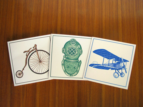 Vintage blank greeting cards Land Air Sea watercolour plane diving helmet pennyfarthing transport gr