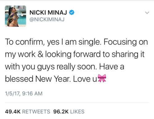 jiraya-senpaiii:weavemama:not only did Nicki confirm her breakup but she also confirmed 2017 is the 