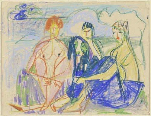 Rolf Nesch (German, 1893–1975). Drei Mädchen mit Hund am Fjord.