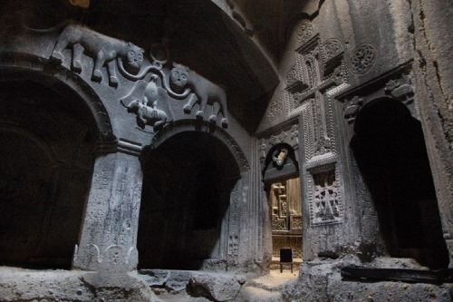 arthistoryfeed:The interior of the amazing monolithic Geghard monastery (Armenian Գեղարդ) located in