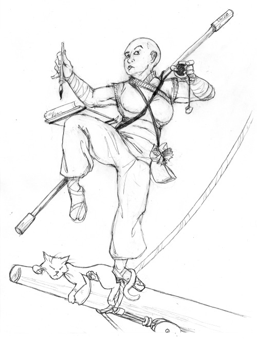 Rex Cantrell, the female human monk, standing on the yard arm of a merchant sailing vessel. She’s tr