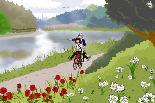 greentaffy: Two dorks riding a bike. Amazing art by Yodog for my (now completed!!!) fanfic, I Think 