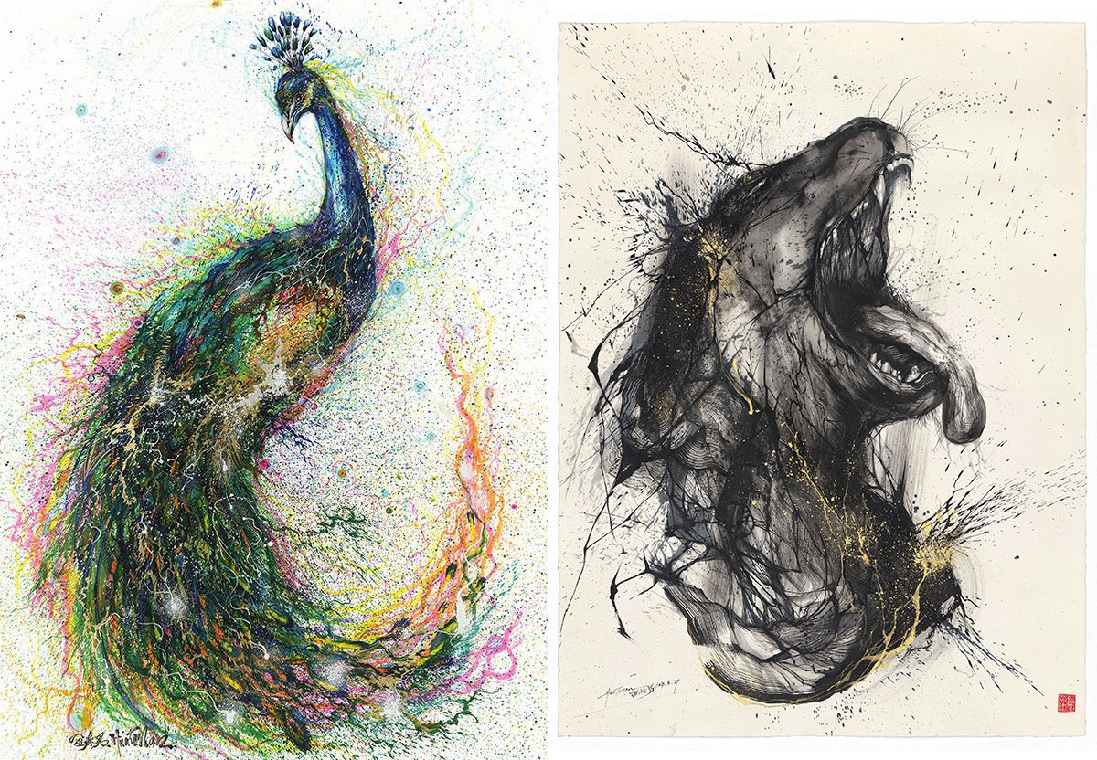 itscolossal:  Explosive Splattered Ink Animal Paintings by Hua Tunan