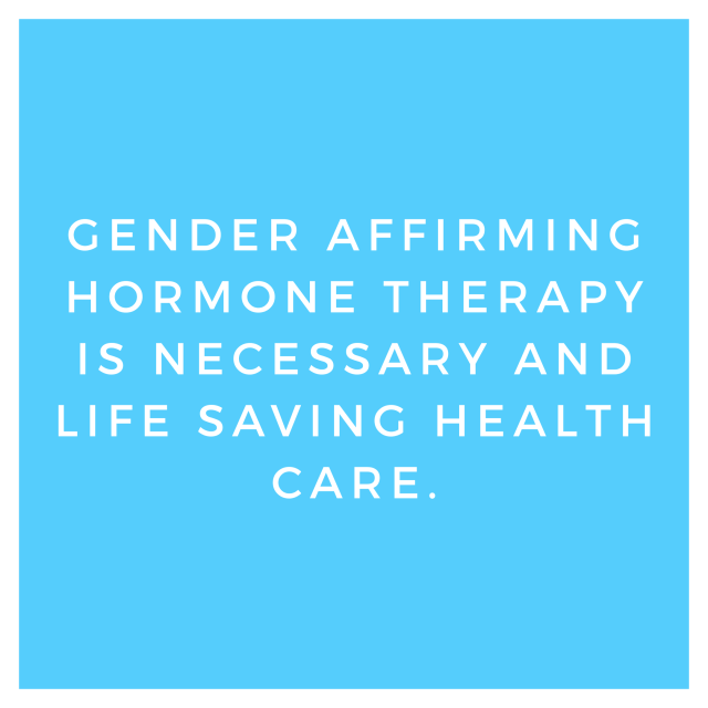 genderqueerpositivity:(Image description 1: white text on a blue background with a white border that says “Gender affirming hormone therapy is necessary and life-saving health care.” 2: white text on a pink background with a white border that