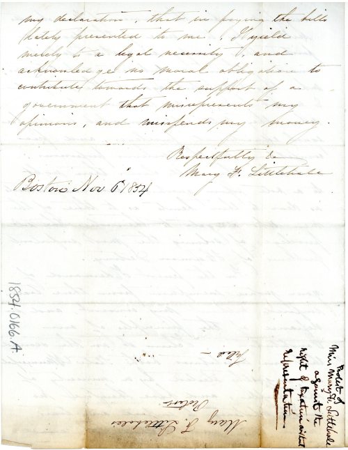 On this day in 1854, Mary Littlebale wrote to Boston’s Board of Aldermen to protest against the “tax