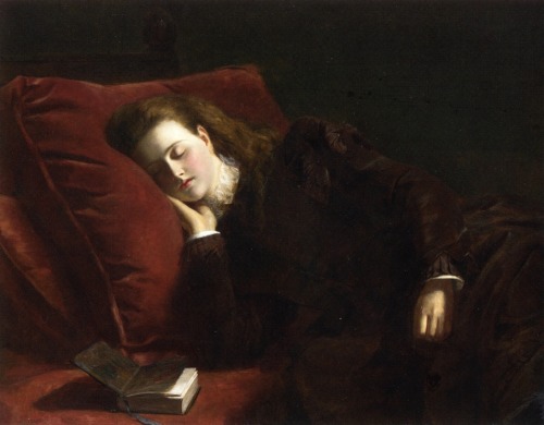 books0977:  Sleep (1872). William Powell Frith (English, 1819-1909). Oil on canvas.The woman in black sleeps after putting down the book that she had been reading. Frith handled the light to ensure that the woman’s hands and face, and the edge of the