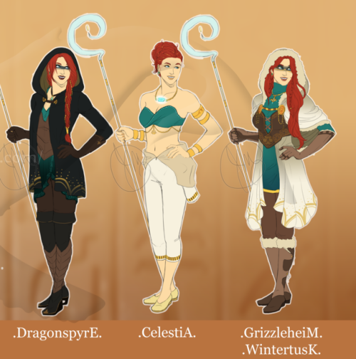 I realize I never posted Esmee’s wardrobe heremy spin-off designs for the worlds!