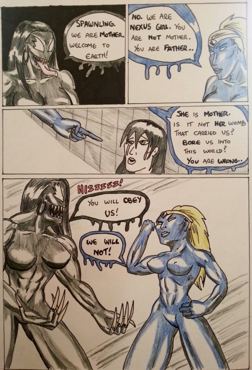 Kate Five vs Symbiote comic Pages 16 - 23  This brings issue #1 to a close. Kate and her symbiote have spawned progeny which has now bonded with the extraterrestrial Nexus Girl. The secret is out,  and Section P are all now aware Kate has been infected,