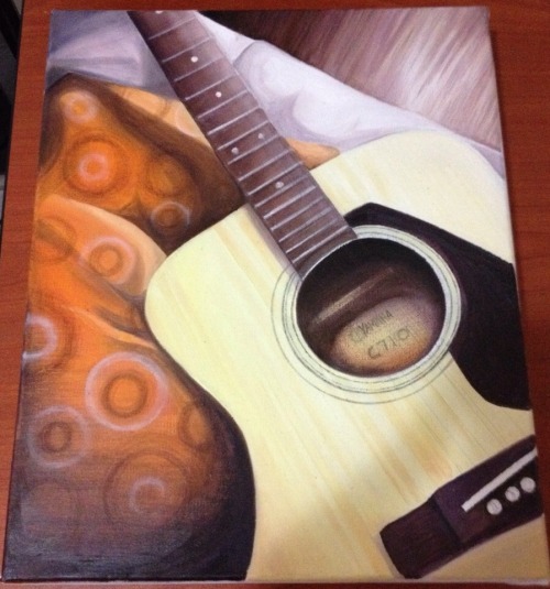 eatsleepdraw:  Acoustic Guitar on Canvas An original oil on canvas piece of a simple acoustic guitar resting on a cushion.Also available for purchase (Details of contact below via art page)Size: 24cm x 30cm (Close to A4) Artist: Marlene D’Silva Follow
