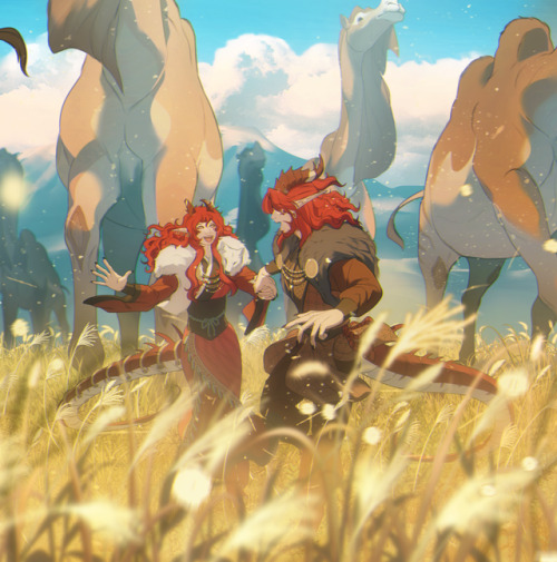 The dragon twins, Vygo and Indrys, running with a herd of sykhamúr camels in a field of golden grass