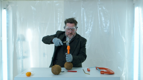 [ID: Six screencaps from Taskmaster, showing each contestant attempting to open a coconut. Johnny Ve