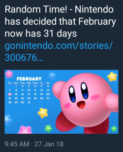 mostdecoratedarsoninvestigator: shadyparakoopa:  tesshi: I can’t deal with this nintendo has spoken  If Kirby wants to have three extra days he can fucking have them, we’re not monsters. 