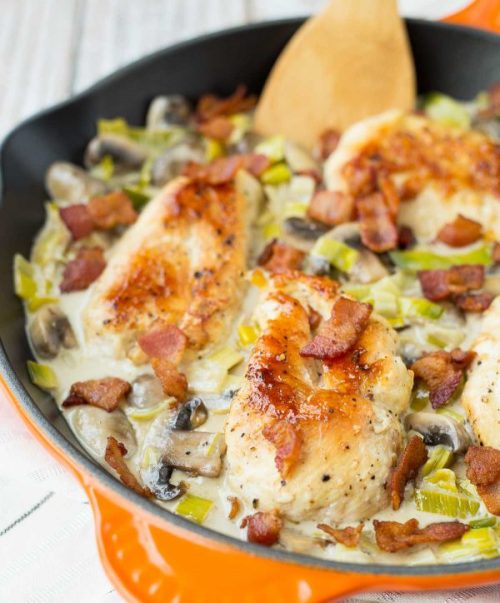 foodffs: SKILLET CHICKEN WITH MUSHROOMS, WHITE WINE, BACON AND LEEKS Really nice recipes. Every hour