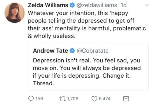 silver-tongues-blog: jamaicanblackcastoroil:  isitsafe:  Zelda is having none of your nonsense today, Tate.  That’s Robin Williams’ daughter so she definitely will not be having your bullshit.  zelda williams knows firsthand that depression is real