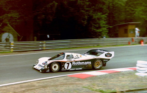 The Porsche 962 C of Derek Bell,  Hans-Joachim Stuck and Bob Wollek, running for fifth position in t