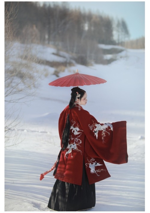 ziseviolet:Traditional Chinese Hanfu. She is wearing a red Pifeng/披风 (jacket) with embroidered crane