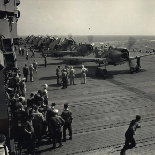 Aircraft taking off from a carrier. Circa 1943.