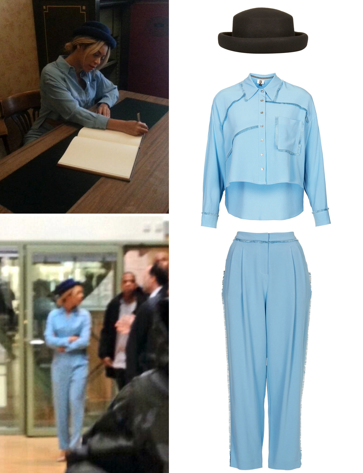 beyonceinfo:
“ Beyoncé was wearing Unique by TOPSHOP pale blue fray shirt ($240), matching fringe trousers ($300) and pork pie hat ($50)
”