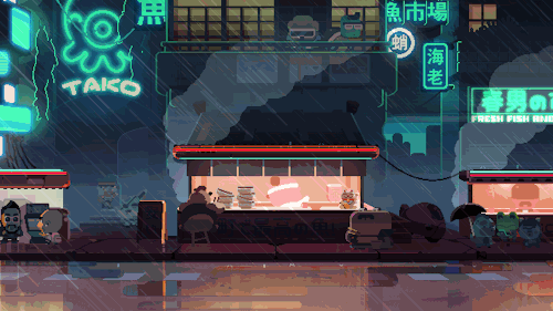 kerfuffledev:Our first 100% completed stage in Kerfuffle. A rainy Asian market here on earth. Aliens