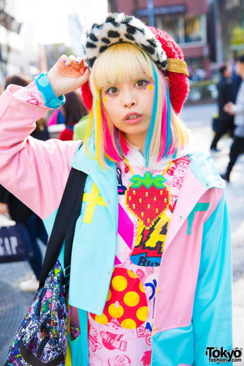 Kawaii Japanese model and singer Haruka Kurebayashi on the street in Harajuku wearing colorful fashi