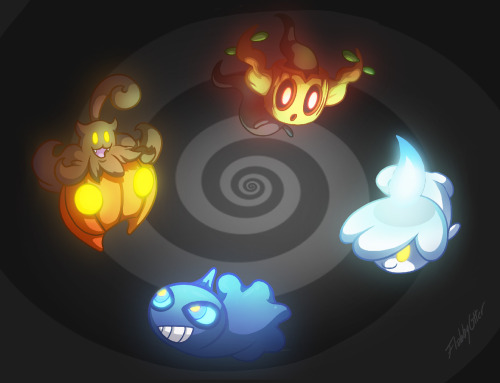 A little quartet of ghost pokemon, from top goin clockwise : Phantump, Litwick, Shuppet and Pumpkabo