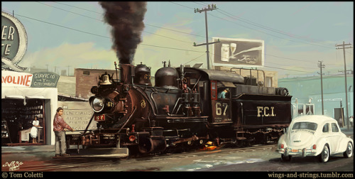 “A Las Tiendas” A newly-finished painting of engine #67 of the Ferrocarril Interoce&aacu