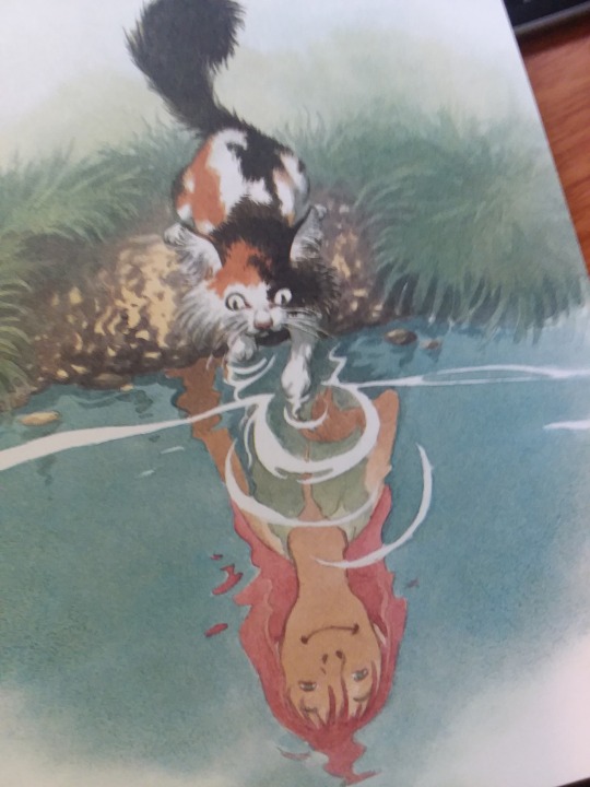 an image from the reviewed book, a cat looks into the water and its reflection is that of a little girl