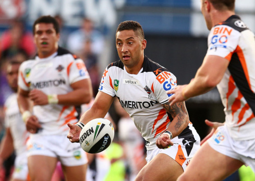 Joel Reddy, Curtis Sironen, Aaron Woods, Braith Anasta and Benji Marshall of the Tigers