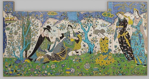 brassmanticore:Lady and attendants in a gardenTile panel probably made in Isfahan, ca. 1640-50At the