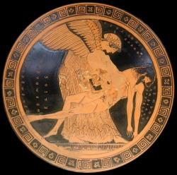 The Memnon pieta, Eos lifts up the body of her son Memnon.  Attic red-figure cup, ca. 490–480 BC. From Capua, Italy. Signed by Douris (painter) and Kalliades (potter), at the Louvre, France.