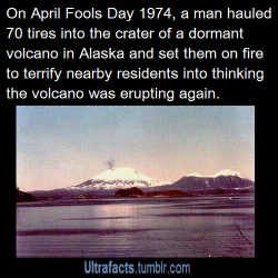 ultrafacts:taksaru:ultrafacts:Source For more facts, Follow UltrafactsThat’s dedicationThe fake eruption of Mt. Edgecumbe was the work of a local prankster, 50-year-old Oliver “Porky” Bickar. The idea to ignite the volcano had occurred to him in