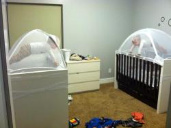 nerdsandgamersftw:  stunningpicture:  As a parent of identical twins, this is how we kept sane at bedtime: Crib nets! And this was their response.  free them 