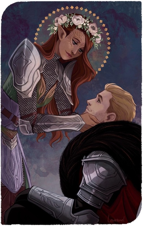 scumbag-solas:I commissioned @needapotion for a couple tarot card with Tethiel and Cullen based on t