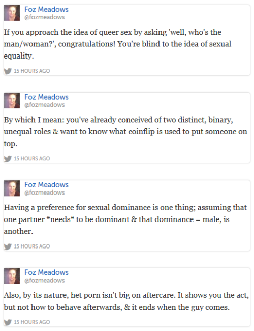 conversationswithbenedict:fozmeadows:totallyevillisa:aimmyarrowshigh:Foz Meadows on Portrayal of Sex