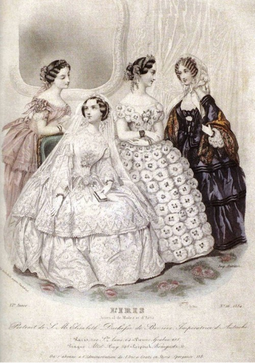 Empress Elisabeth of Austria&rsquo;s wedding dress; below an illustration of the Empress in her wedd