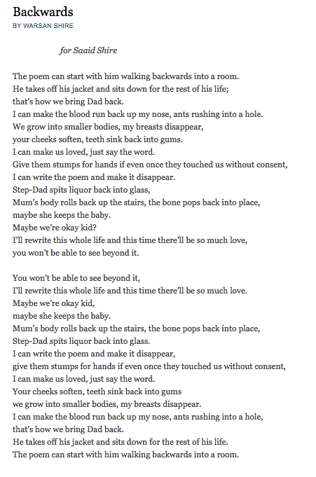 etymclogies:(via Backwards by Warsan Shire) [Image is the poem Backwards by Warsan Shire, for Saaid 