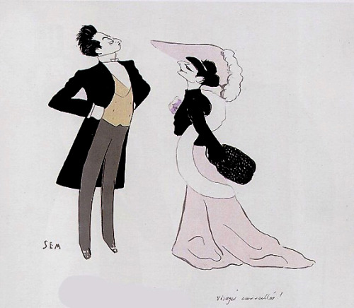 Illustration of an unknown man and Princess Anna de Noailles by Georges Goursat known as Sem, 1902