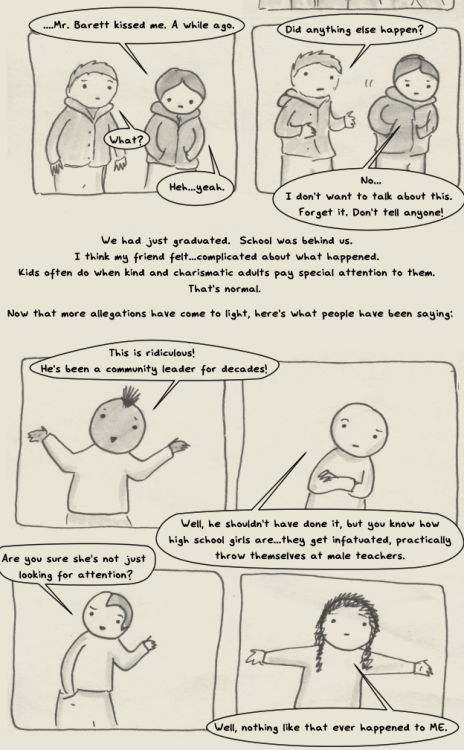 robothugscomic: New comic! (better version here) Note: This comic includes a non-graphic discussion of childhood sexual assault and predatory/grooming behaviour.  I’ve had this comic on the backburner for a while - seems about the right time to finally