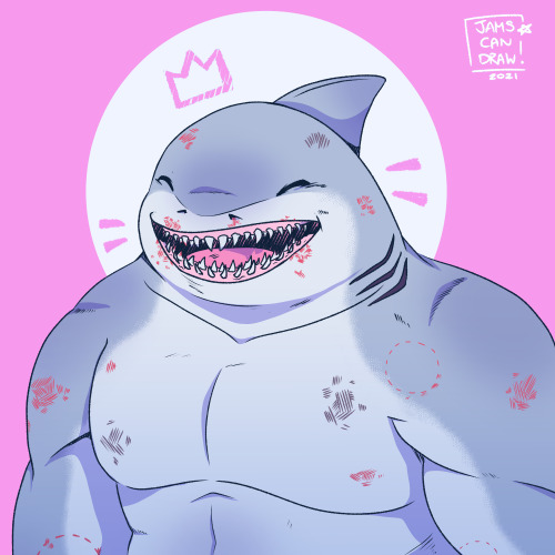 i have a new husband now[Image ID: 2 digital chest-up illustrations of King Shark on a pink backgrou